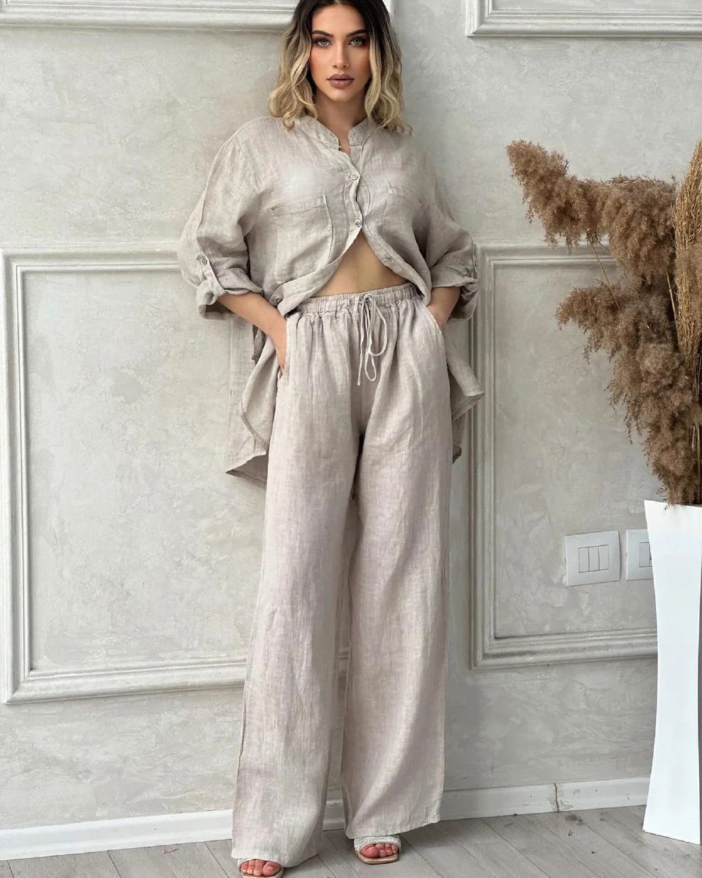 Women's Clothing 2-piece Plus Size Cotton And Linen Shirt Suit High Waist Loose Trousers_ecoleips.com