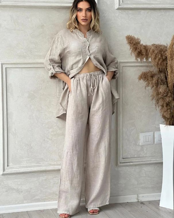 Women's Clothing 2-piece Plus Size Cotton And Linen Shirt Suit High Waist Loose Trousers_ecoleips.com