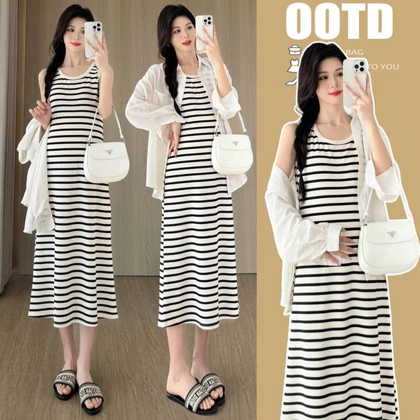 Autumn New Korean Fashion Loose Shirt + Striped Dress Two-Piece Set For Pregnant Women_ecoleips.com