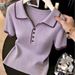 Women's Korean Style Purple V-Neck T-Shirt Short Sleeved Collared Knitted Cropped Top Summer New Arrival_ecoleips.com