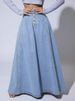 K Single-row Button-up Denim Skirt For Women, Trendy A-line Maxi Skirt_ecoleips.com