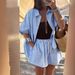 Cross-border European American Summer Striped Shirt With Pockets And Shorts Loose Casual Suit For Women_ecoleips.com