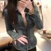 American Blue Polo Collar Denim Shirt For Women's Winter High-End Feeling, Waist Cinching, Slim Fit And Slimming Jacket_ecoleips.com
