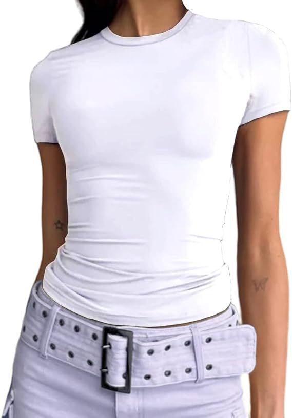 European And American Summer Pullover T-Shirt Hot Girl Outerwear Slim Fit Top Fashion Round Neck High-End Milk Silk_ecoleips.com
