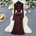 Chic Contrast-Collar Knit Dress – Parisian-Inspired Waist-Defining Elegance (Yellow/Taupe/White/Black, Stretch Blend, Sweet & Sophisticated Style)_ecoleips.com