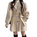 Oversized Wool-Blend Coat With Lantern Sleeves & Belt – Korean-Inspired Longline Blazer Jacket For Petite Women (Beige/Black/Padded Version)_ecoleips.com