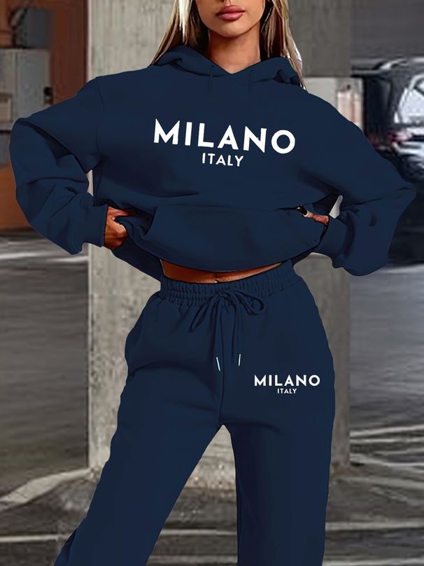 Women's Autumn And Winter Fashion Casual MILANO ITALY Letter Printed Thick Fleece Warm Hooded Sweatshirt+sports Pants Set-760_ecoleips.com