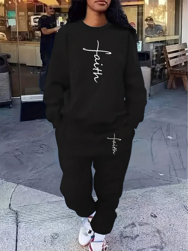 Women's Autumn And Winter Hip-hop Casual Street Belief Cross Pattern Printed Round Neck Sports Shirt+sports Pants Warm Set-654_ecoleips.com
