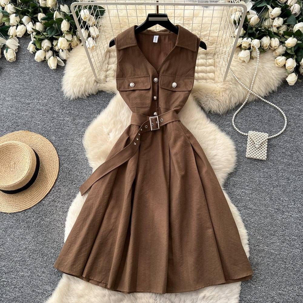 Sophisticated V-Neck Shift Dress For Women, Sleeveless A-Line Midi Dress With Notched Collar, Elegant Bodycon Office Dress_ecoleips.com