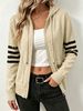 Oatmeal Striped Sleeve Pit Rib Knit Hooded Cardigan, Loose Lightweight Breathable Soft Skin-touch Zip Knit Jacket_ecoleips.com