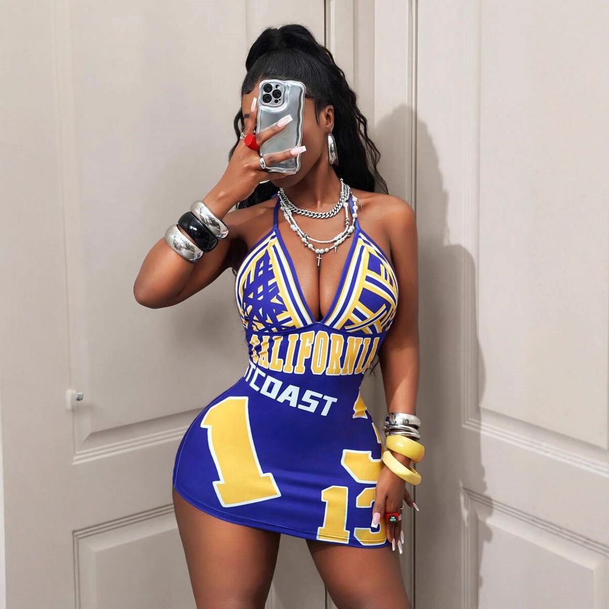 Women's Sexy Fashion Printed Dress European American Style Halter Neck V Neck Backless 2025 Cross Border_ecoleips.com