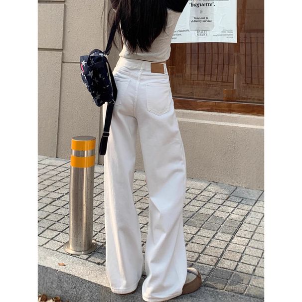 Women's High-Waisted Wide Leg Jeans White Loose Fit Slim Straight Leg Drape Detail Early Autumn Style for Petite Figures_ecoleips.com