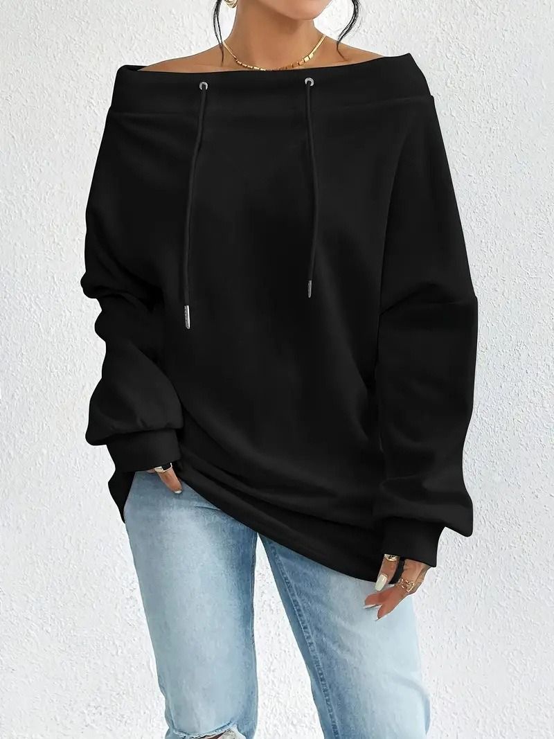 Autumn/Winter Women's Loose-Fitting One-Piece Hoodie With Drawable Shoulder Straps And Open-Shoulder Design_ecoleips.com