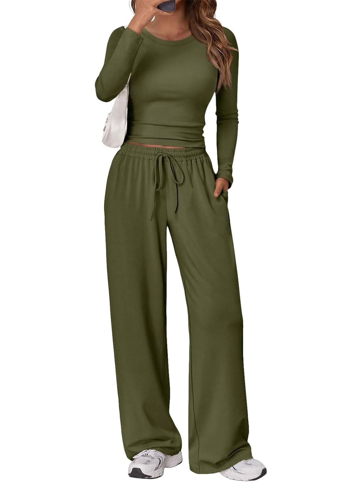 Women’s Casual Sporty Suit Set – Round Neck Long Sleeve Top & Relaxed Pants, Yoga & Everyday Wear (Light Gray, Black,_ecoleips.com