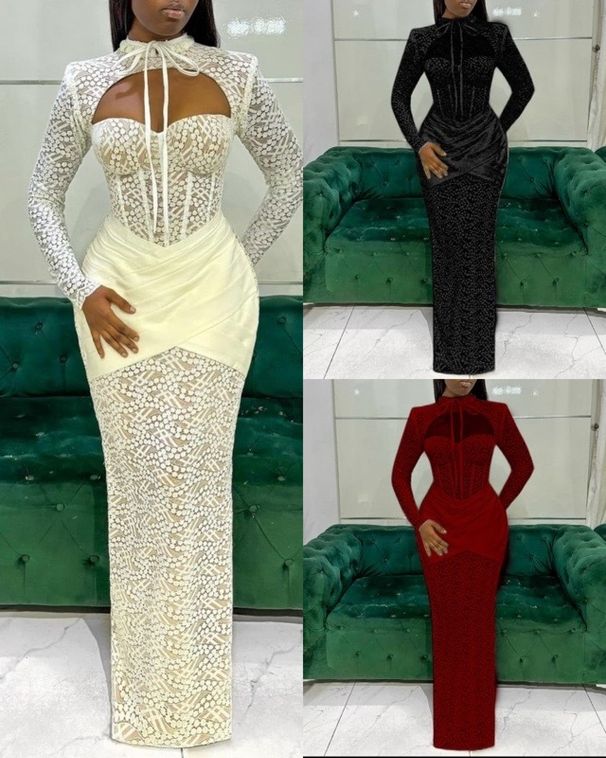 Women's Clothing New Half High Collar Lace Up Hollow Low Cut Sexy Hip Wrapped Long Sleeved Dress Evening Dress_ecoleips.com
