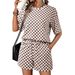 Women's Checkerboard Print Short Sleeve T-Shirt With Drawstring Pocket Shorts Set, Casual Loungewear Two Piece Outfit For Summer, Street Style_ecoleips.com