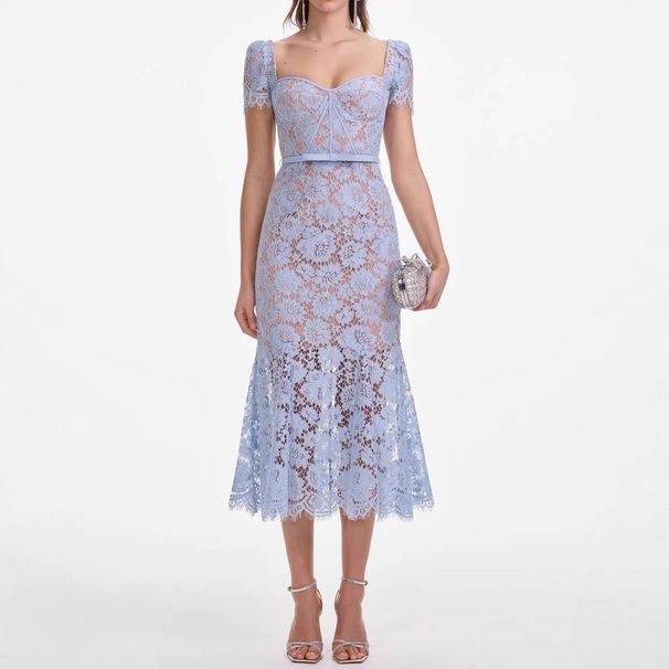 Women's Crochet Lace Fishtail Dress - Square Neck Hollow Out Summer Dress In Blue_ecoleips.com
