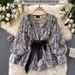 Retro Snake Print V-Neck Blouse – Wrap Front Tie-Waist Shirt With Puff Sleeves For Women (One Size, 3 Colors)_ecoleips.com