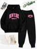 Women's Autumn And Winter Casual Fashion New York Letter Printed Thick Fleece Warm Hooded Sweatshirt+sports Pants Set-731_ecoleips.com