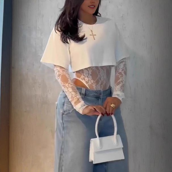 Women's Clothing Lace Jumpsuit Unique Round Neck Niche Design T Shirt Top Two Piece Set Summer Women's Clothing For Formal & Casual_ecoleips.com