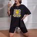 Women's Casual Loose T-Shirt round Neck Short Sleeve Smiley Face Black White Checkered Print Simple Sports Top European American Style_ecoleips.com