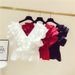 Women's Summer Retro Blouse Short Sleeved Red Top Cropped High Waisted Ruffled V Neck Petite_ecoleips.com