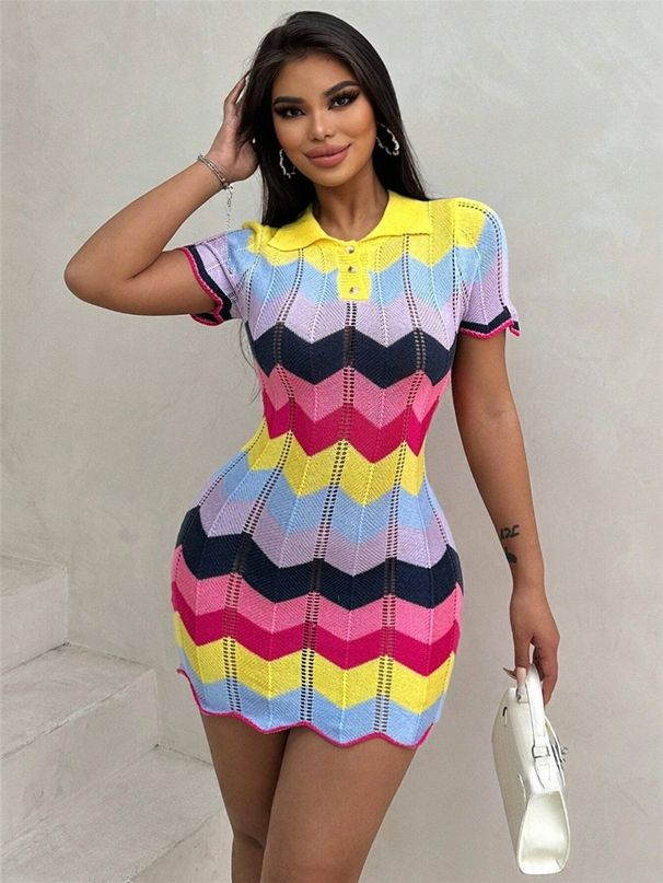 Women's Clothing New Contrast Color Polo Collar Knitted Hip Fashion Sweater Slim Dress_ecoleips.com