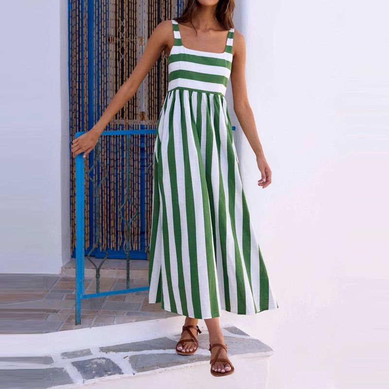 Women's Sexy Square Collar Sling Long Dress Spring Fashion Striped Print A-Line Party Dress Summer Sleeveless Loose Boho Dresses_ecoleips.com