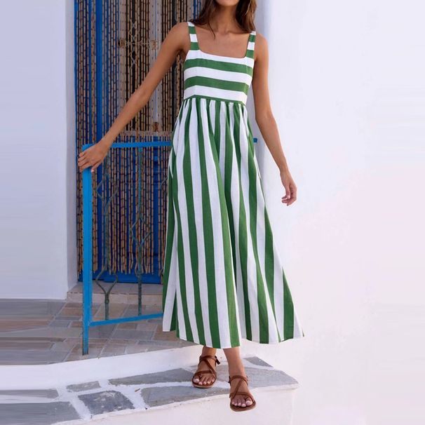 Women's Sexy Square Collar Sling Long Dress Spring Fashion Striped Print A-Line Party Dress Summer Sleeveless Loose Boho Dresses_ecoleips.com
