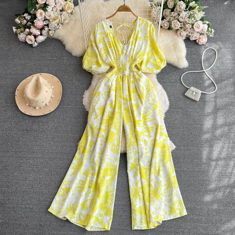 Gentle Style Women's Bubble Jumpsuit V Neck Short Sleeve High Waisted Slimming Porcelain Print Wide Leg Casual Jumpsuit_ecoleips.com