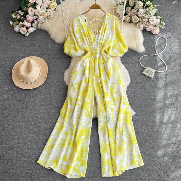 Gentle Style Women's Bubble Jumpsuit V Neck Short Sleeve High Waisted Slimming Porcelain Print Wide Leg Casual Jumpsuit_ecoleips.com