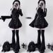 Y2k Aesthetic Lolita Style Bow Dress Shorts Set Japanese Women Gothic Lace Flare Sleeve Button Shirt Dress Punk Party Mini Dress_ecoleips.com