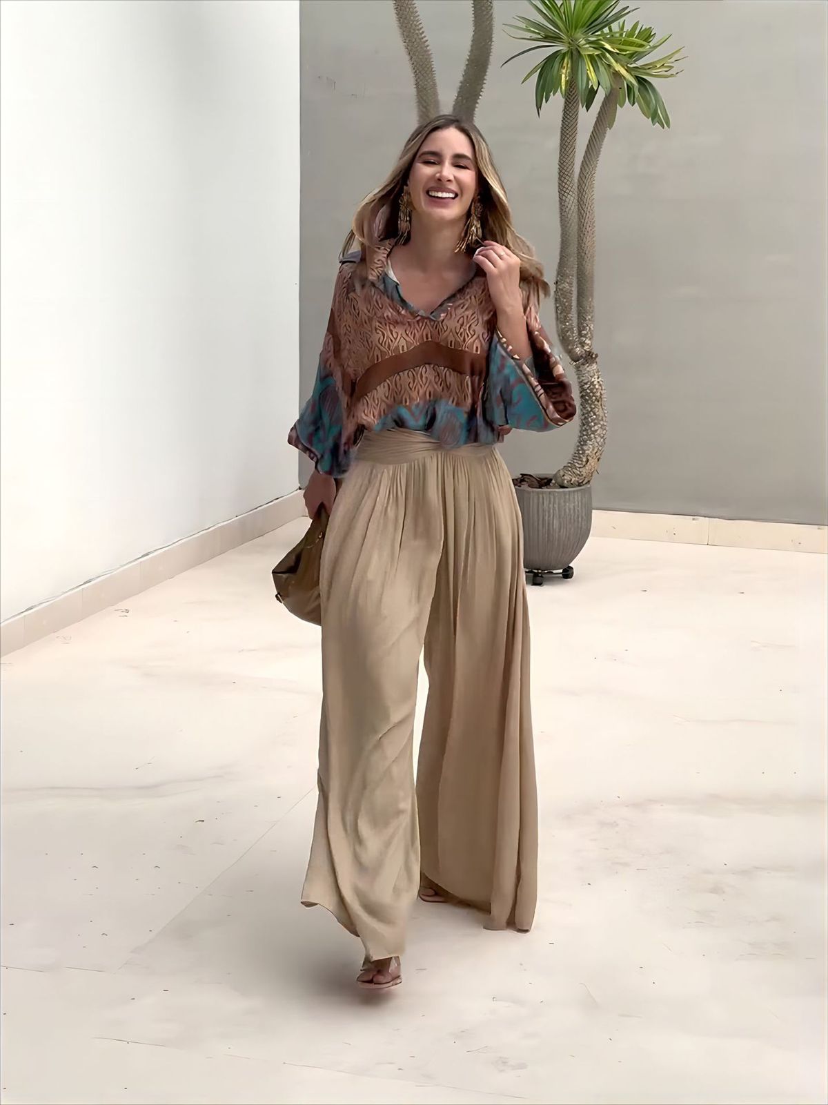 Women's Clothing autumn new positioning printed tops wide leg pants two piece set_ecoleips.com