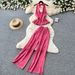 Women's Halter Neck Tie Vest High Waisted Wide Leg Pants Two Piece Set Slim Fit Summer Resort Style Clothing_ecoleips.com