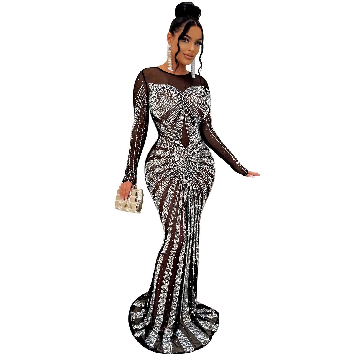 Women's Clothing Fashion Women's Solid Color Mesh See Through Hot Diamond Long Sleeved Long Skirt Dress_ecoleips.com