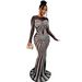 Women's Clothing Fashion Women's Solid Color Mesh See Through Hot Diamond Long Sleeved Long Skirt Dress_ecoleips.com