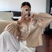 2025 New European And American V-neck Solid Color Heavy Embroidery Pearl Single-Breasted Lantern Long Sleeve Top_ecoleips.com