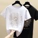 Pure Cotton INS Heavy-duty Rhinestone Loose T-shirt Women Short Sleeve 2023 Summer Internet Celebrity Little Daisy_ecoleips.com