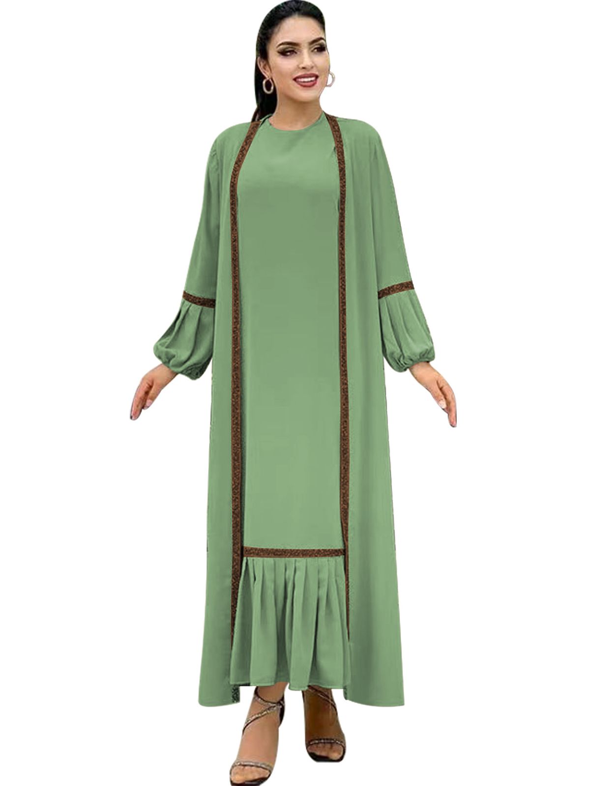 Women New Solid Color Beaded Coat Fashionable And Elegant Muslim Robe Dress_ecoleips.com