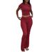 Women's Casual 2 Piece Set mid Waist Flared Pants Leggings Short Top Y2K Style Full Length Polyester Spring/Autumn Wear_ecoleips.com