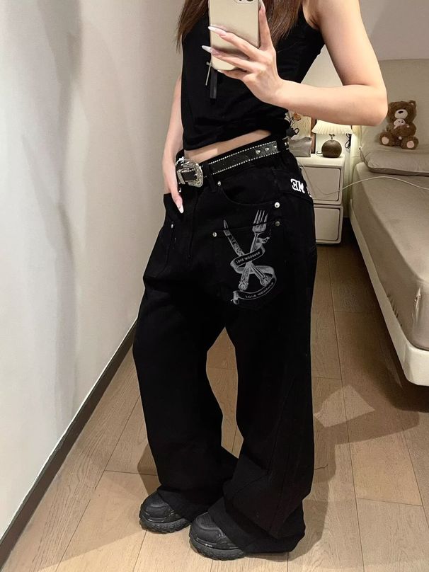 Women's Clothing Plus Size Slogan Letter Oversized Patchwork Jeans Trendy Curved Blade Pants Sexy English Style Fashion Denim_ecoleips.com