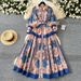 Women's Clothing Retro Style Palace Print Lapel Lantern Sleeve Waist Single Breasted Dress Female Slim Elegant Long Skirt_ecoleips.com