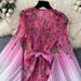 Pleated Floral Print Dress With 3D Embroidery, Bell Sleeves & Elastic Waist, Boho Chic Maxi Dress For Women, One Size Fits Most_ecoleips.com