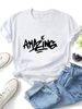 Women Graffiti AMAZING Letter Graphic T Shirt Round Neck Short Sleeve Loose Casual Streetwear Summer Tops_ecoleips.com