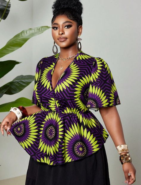 Curvy Women Beach Floral Print Blouse, Contrast Color Irregular Flower V Neck Puff Sleeve Elastic Waist Uneven Hem Elegant Casual Shirt_ecoleips.com