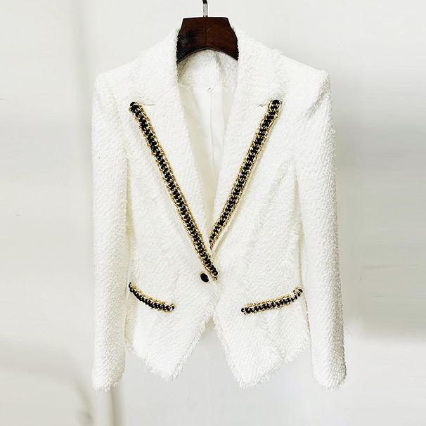 Women's Clothing Heavy Chain Beaded Chic Chain Embellished Tweed Jacket With Fringe Detailing - Elegant Office Wear For Women (White, S/M/XL/XXL)_ecoleips.com