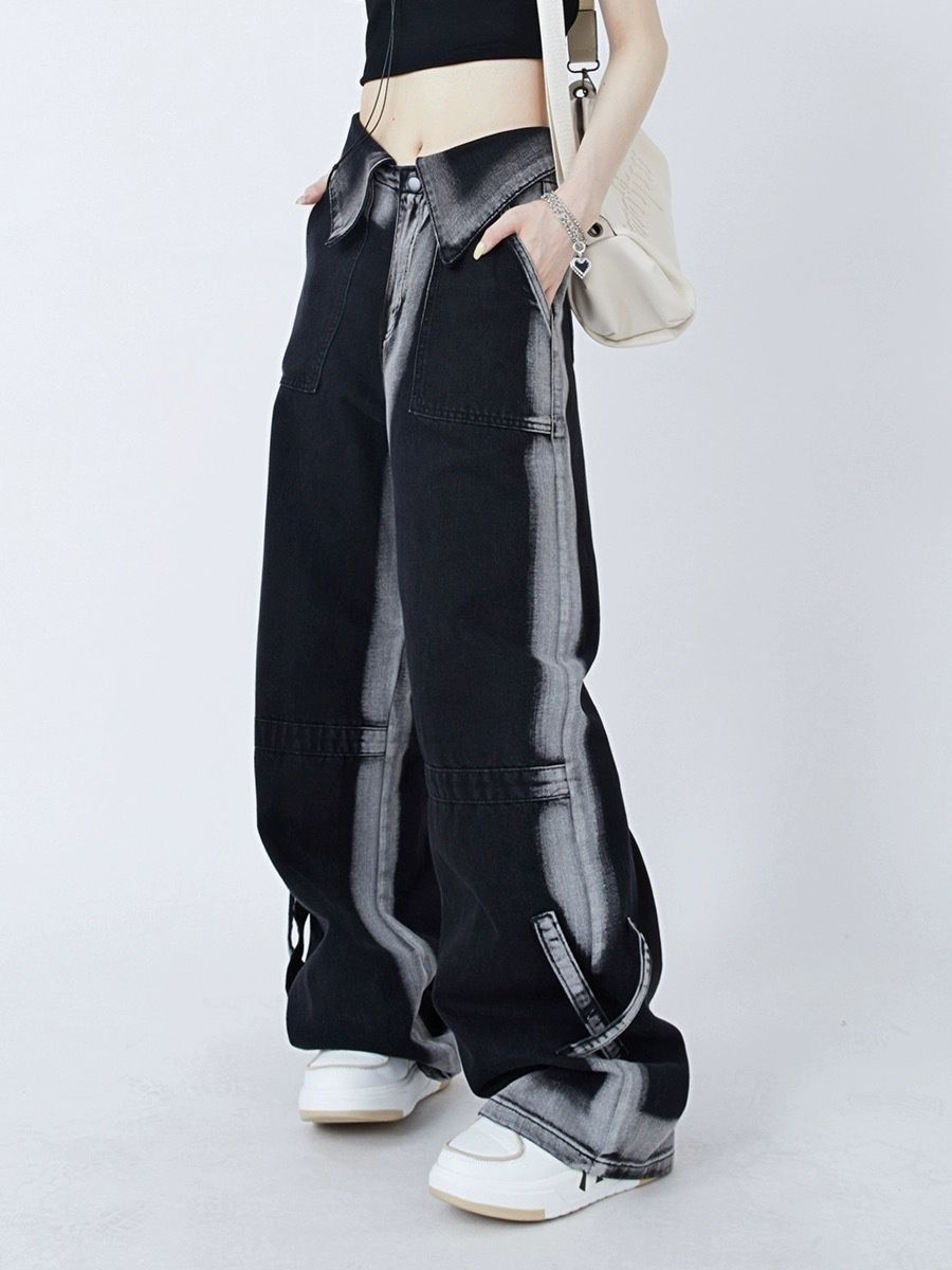 American Retro Cuffed Jeans For Women, Spring And Autumn High-waisted Straight-leg Niche Washed Distressed Wide-leg_ecoleips.com