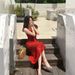 Rose Red V-Neck Strap For Women Summer Waist-Cinching Bodycon Vacation Long Elegant High-End Dress_ecoleips.com