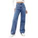 Women's Vintage Washed Denim Jeans, Straight Leg Casual Trousers For Retro Fashion Style, Classic Blue & Black_ecoleips.com