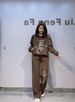 Women's Leopard Print Rhinestone Embellished Tracksuit Set Hooded Long Sleeve Pullover Top And Pants Black Coffee M XL_ecoleips.com
